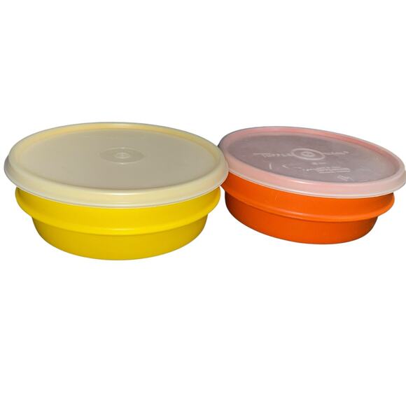 Tupperware Cereal Bowls Lids Set x2 Stackable Harvest Orange Yellow 1356 Vintage - Picture 2 of 15